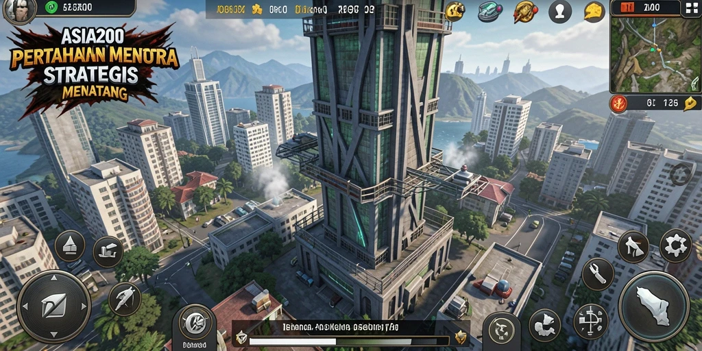 Screenshot gameplay ASIA200 menunjukkan aksi menara pertahanan yang intens.