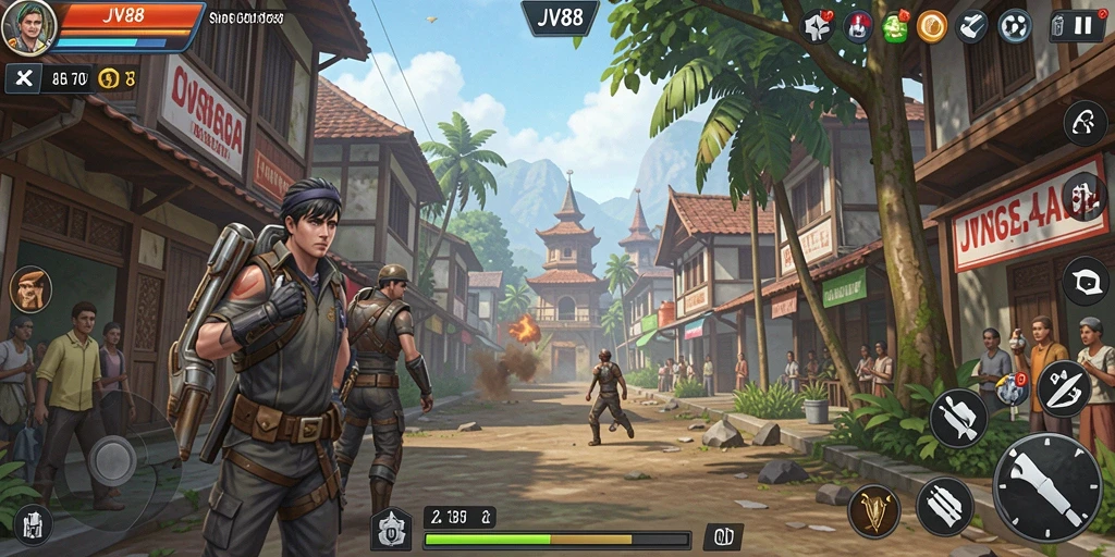 Tampilan gameplay yang menakjubkan dalam JV88 yang menampilkan simulasi dinamis.