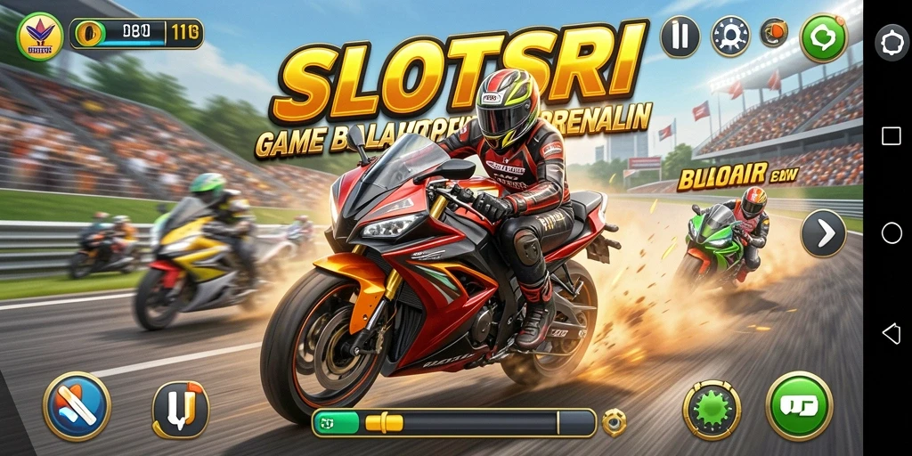 Tangkapan layar SLOTSRI menampilkan aksi balap motor yang mendebarkan.